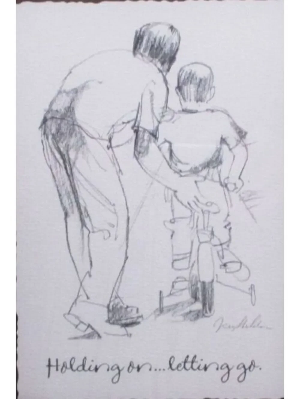 Hallmark Ken Sheldon Framed Sketch 'Holding OnLetting Go' Father & Son Art 10x8